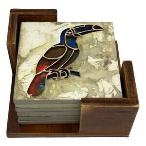 Hand‑Painted Resin Inlay Bird Coaster Set (6) w/ Holder – 3D Acrylic Art